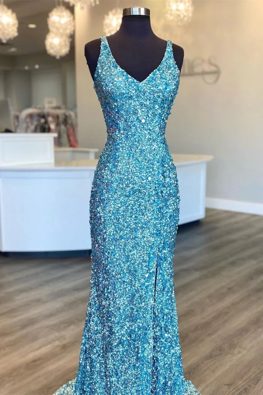 Weitese Backless Light Blue Sequin Mermaid Long Prom Dress with Slit Prom Dress Prom Dresses Stores