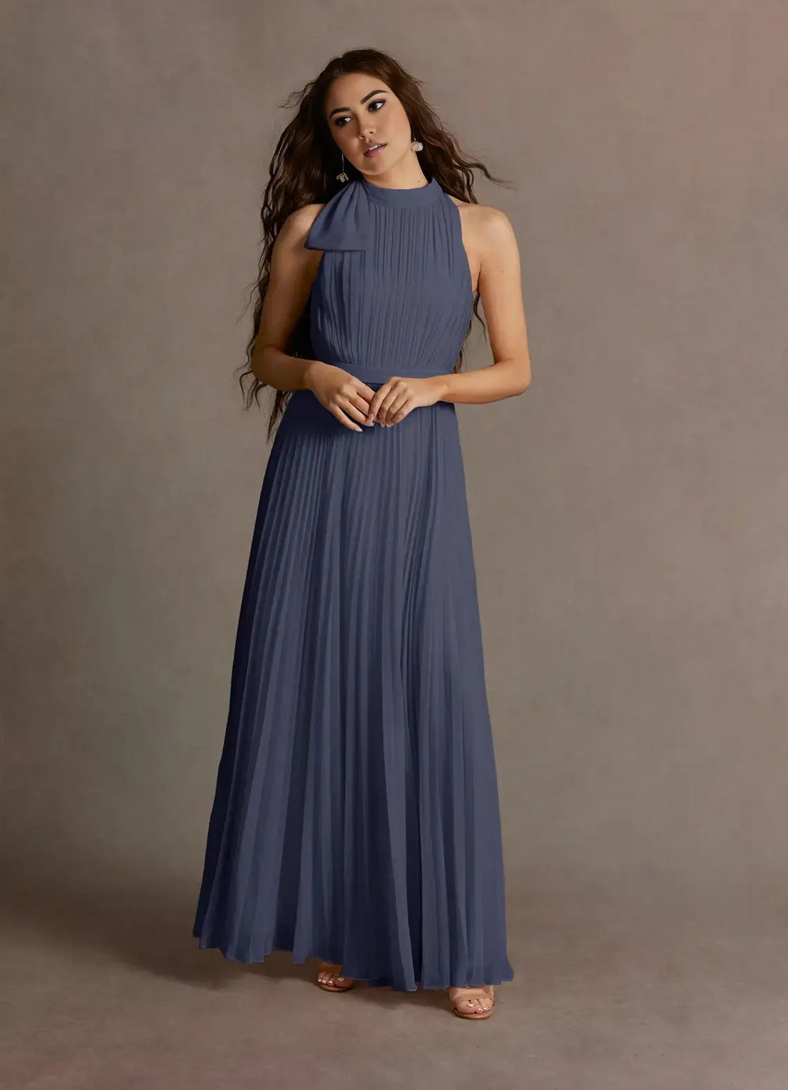 Weitese Dress A-Line Blue Halter Sleeveless Simple Chiffon Evening Dress Floor Length Pleats Prom Dress