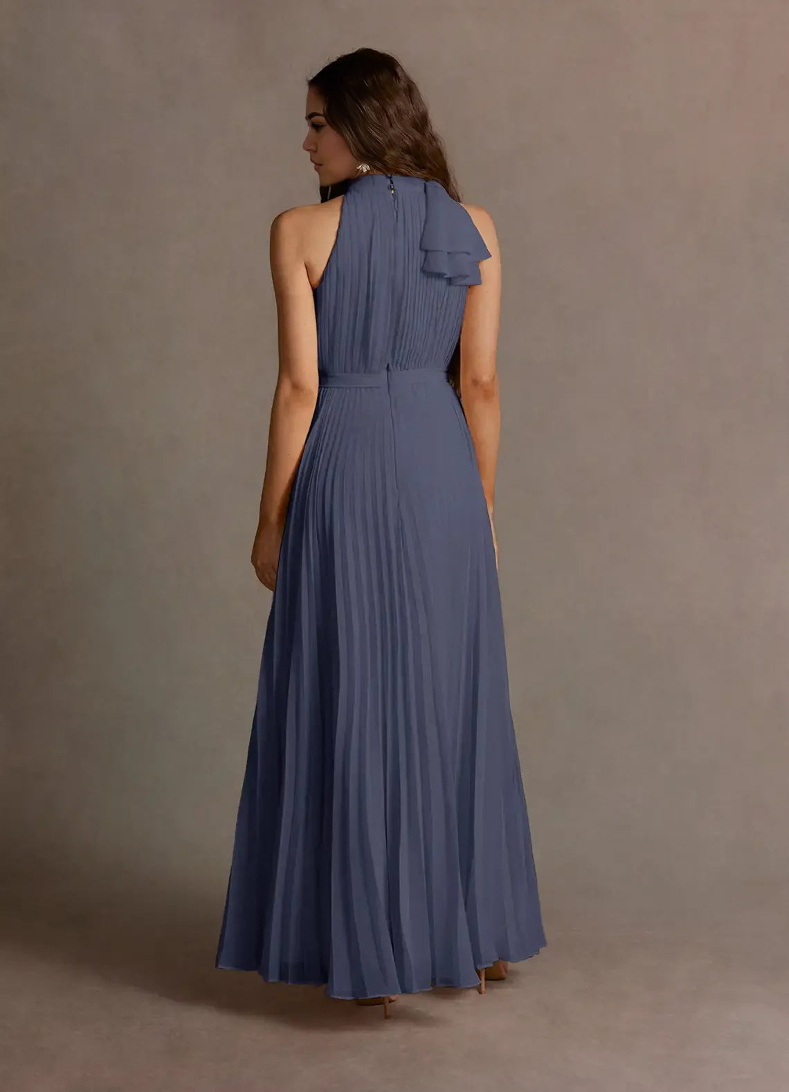 Weitese Dress A-Line Blue Halter Sleeveless Simple Chiffon Evening Dress Floor Length Pleats Prom Dress