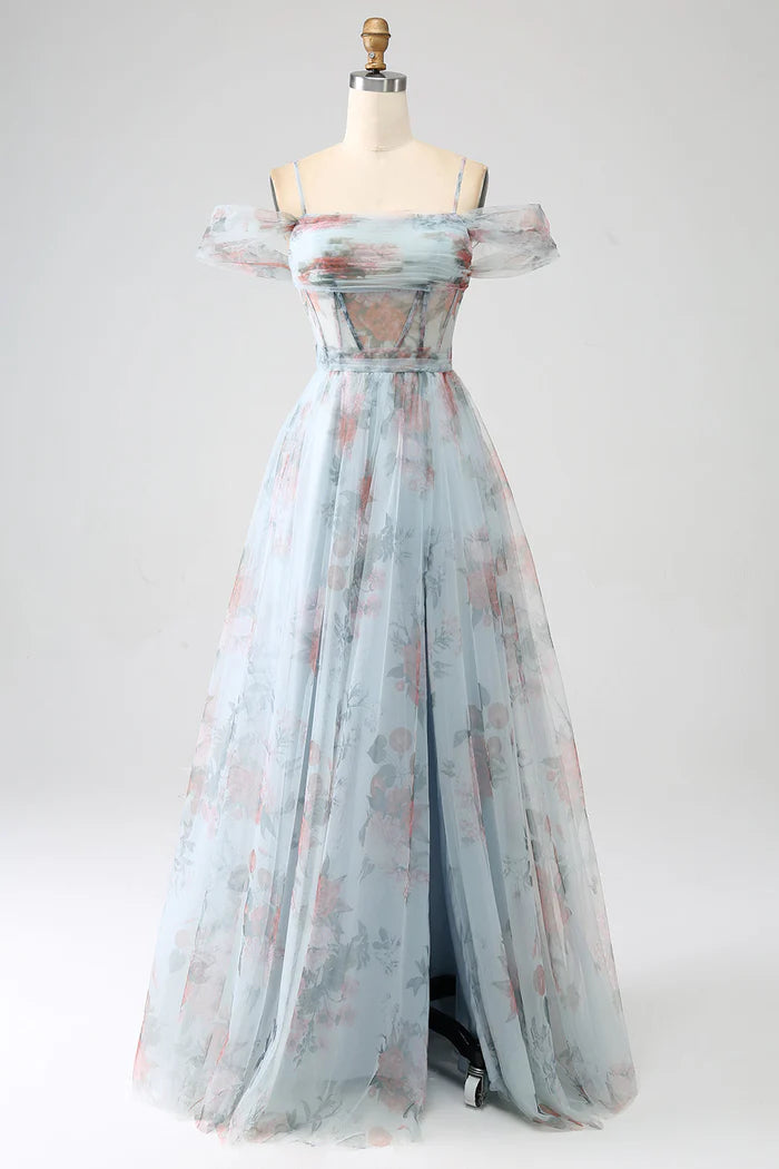 Robe trapèze Weitese bleue imprimée, épaules dénudées, corset, robe de soirée, robe longue sans manches avec fente, robe de bal 