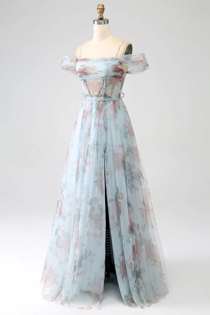 Robe trapèze Weitese bleue imprimée, épaules dénudées, corset, robe de soirée, robe longue sans manches avec fente, robe de bal 