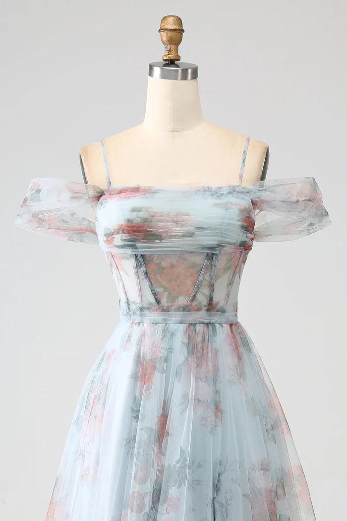 Robe trapèze Weitese bleue imprimée, épaules dénudées, corset, robe de soirée, robe longue sans manches avec fente, robe de bal 