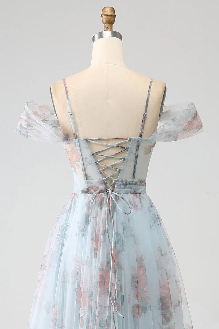 Robe trapèze Weitese bleue imprimée, épaules dénudées, corset, robe de soirée, robe longue sans manches avec fente, robe de bal 