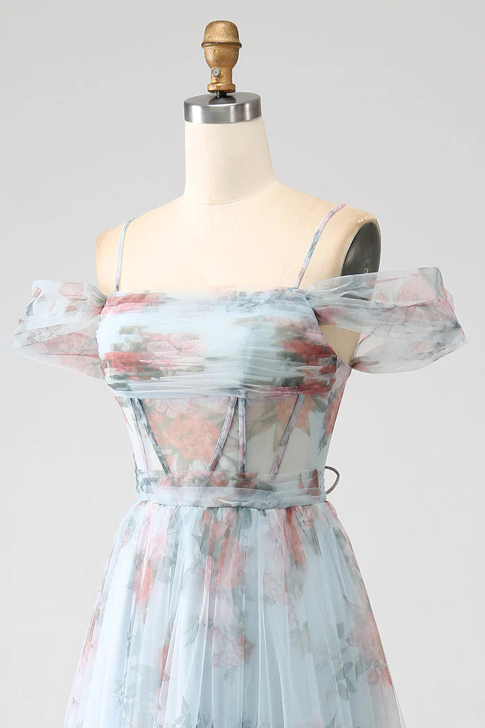 Robe trapèze Weitese bleue imprimée, épaules dénudées, corset, robe de soirée, robe longue sans manches avec fente, robe de bal 