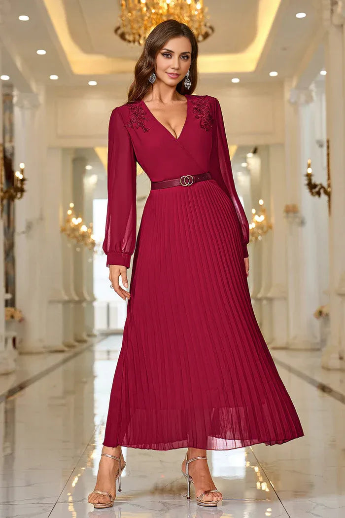 Weitese Dress A-Line Burgundy A Line V Neck Pleated Appliques Belted Mom Dress Midi Dress Long Sleeves Party Dress/No Accessory Belt