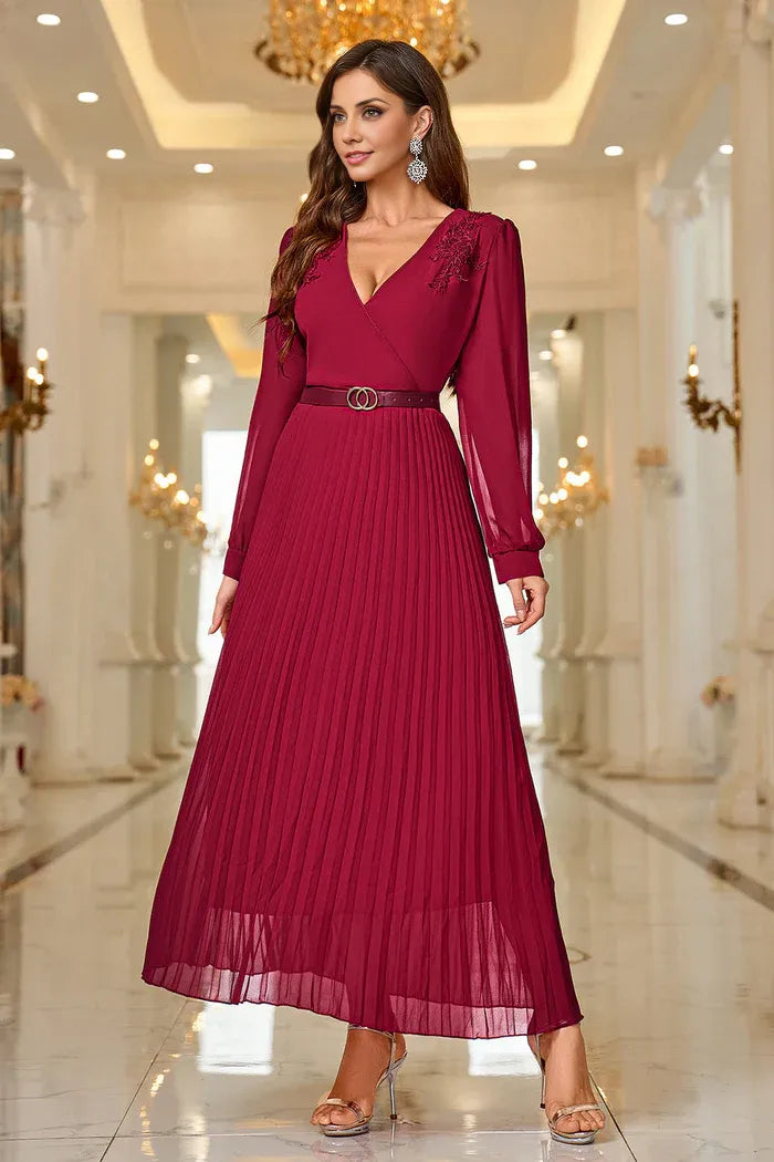 Weitese Dress A-Line Burgundy A Line V Neck Pleated Appliques Belted Mom Dress Midi Dress Long Sleeves Party Dress/No Accessory Belt