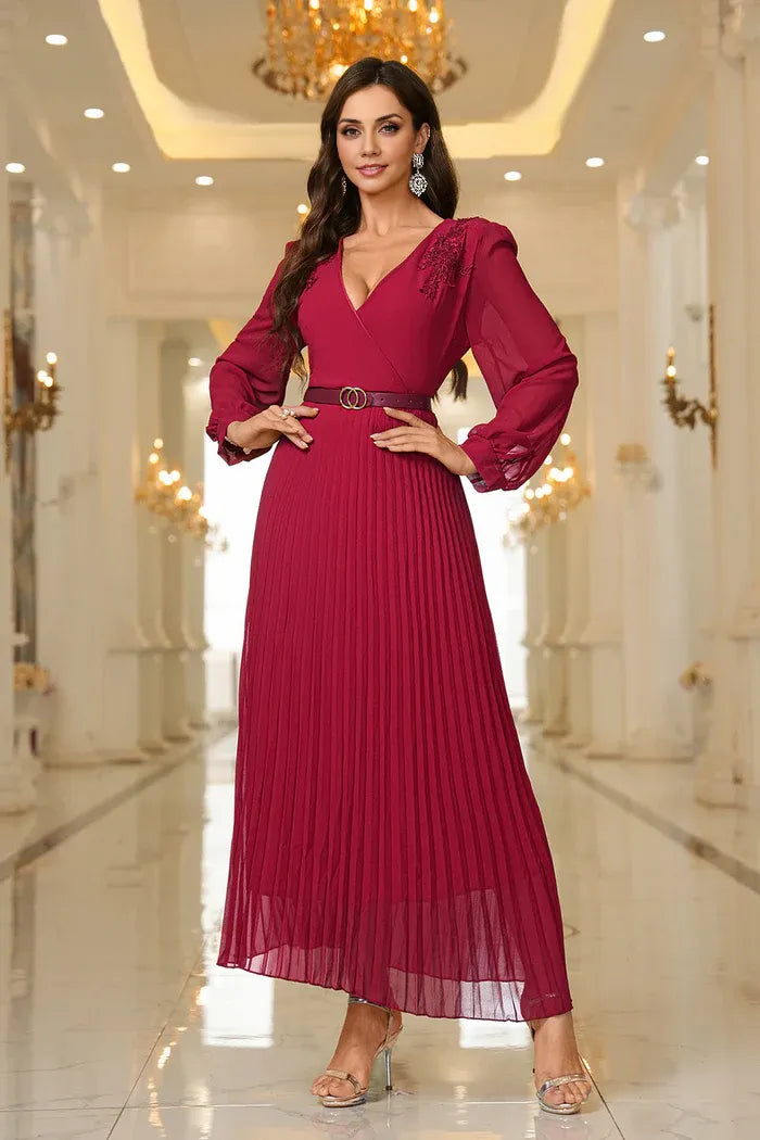 Weitese Dress A-Line Burgundy A Line V Neck Pleated Appliques Belted Mom Dress Midi Dress Long Sleeves Party Dress/No Accessory Belt