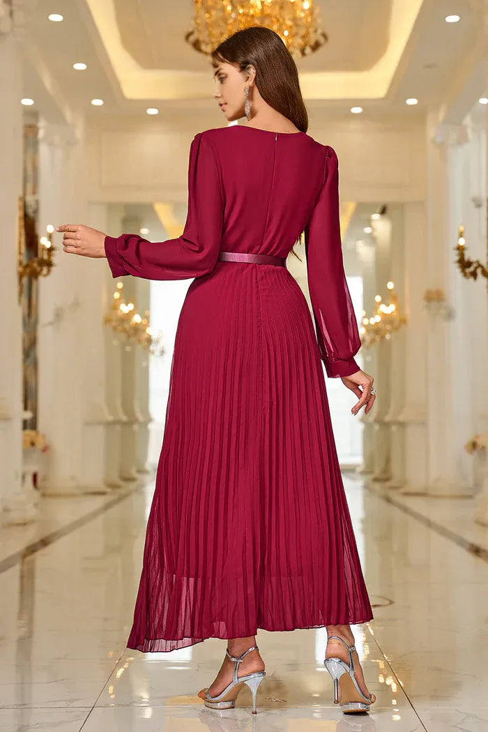 Weitese Dress A-Line Burgundy A Line V Neck Pleated Appliques Belted Mom Dress Midi Dress Long Sleeves Party Dress/No Accessory Belt