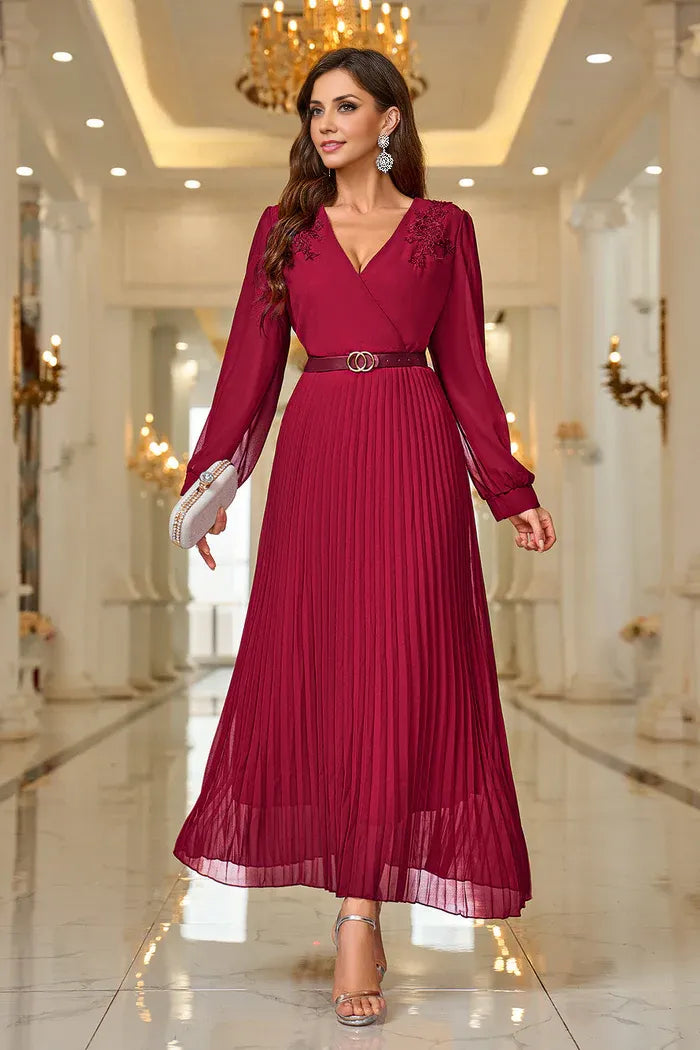 Weitese Dress A-Line Burgundy A Line V Neck Pleated Appliques Belted Mom Dress Midi Dress Long Sleeves Party Dress/No Accessory Belt