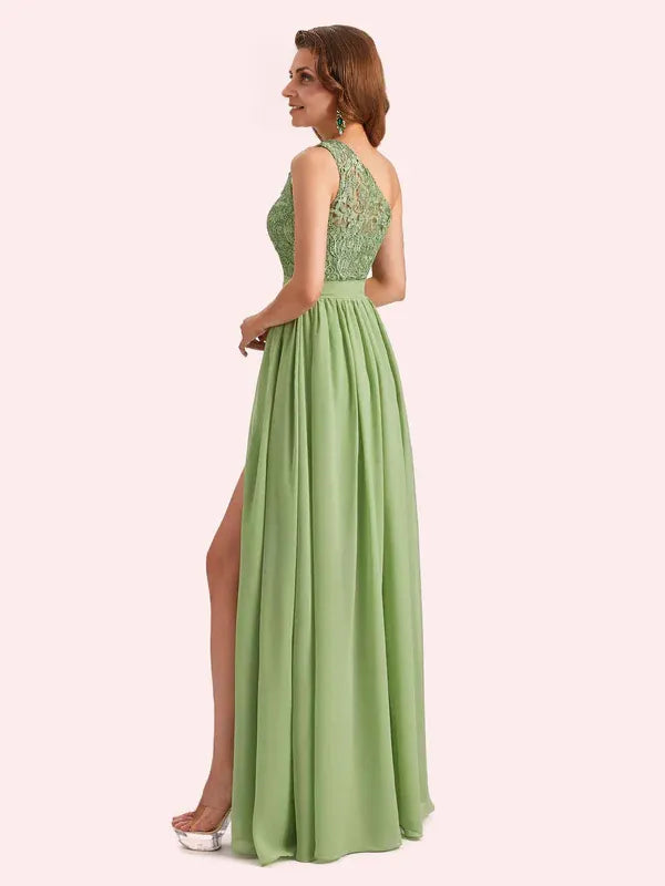 Weitese Dress A-Line Chiffon One Shoulder Lace Long Mother of the Brides Dresses With Applique
