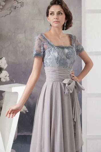 Weitese Dress A-Line Chiffon Pleated Illusion Caped Sleeve And Gown With Bow Mother of the Bride Dress