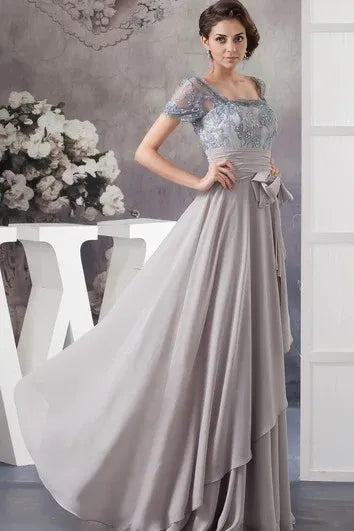 Weitese Dress A-Line Chiffon Pleated Illusion Caped Sleeve And Gown With Bow Mother of the Bride Dress