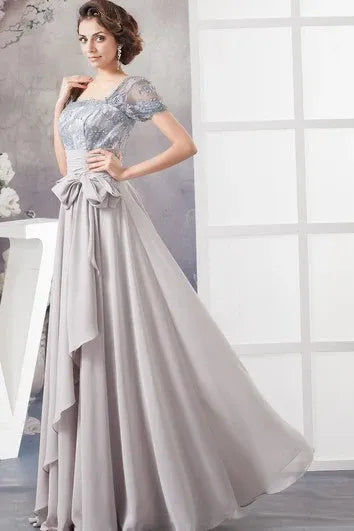 Weitese Dress A-Line Chiffon Pleated Illusion Caped Sleeve And Gown With Bow Mother of the Bride Dress