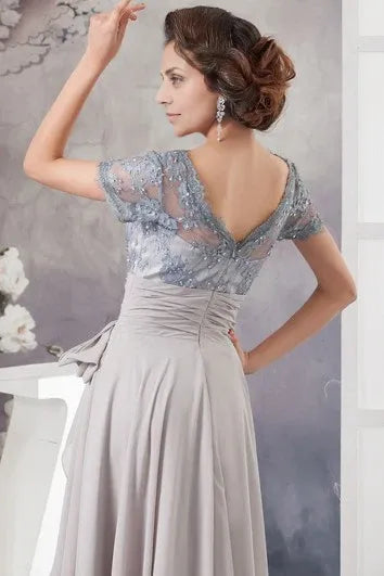 Weitese Dress A-Line Chiffon Pleated Illusion Caped Sleeve And Gown With Bow Mother of the Bride Dress