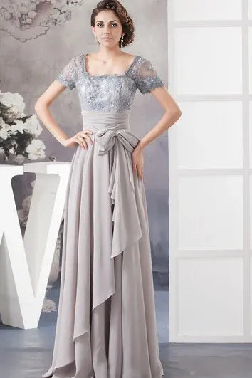 Weitese Dress A-Line Chiffon Pleated Illusion Caped Sleeve And Gown With Bow Mother of the Bride Dress