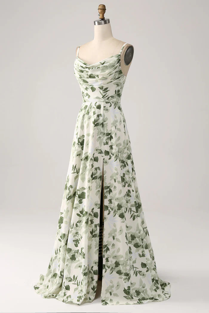 Robe Weitese A-Line Col bénitier Vert Floral Robe de bal Maxi Robe à lacets Sans manches Robe de soirée 