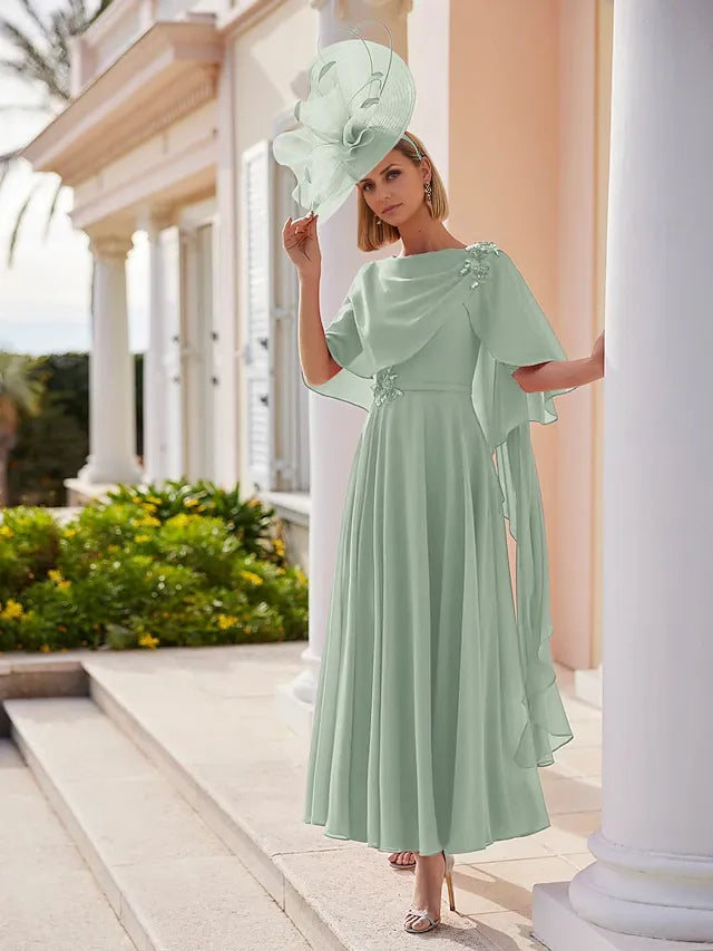 Weitese Dress A-Line Dress Elegant Bateau Neck Ankle Length Chiffon Short Sleeve With Solid Color Mother of the Bride Dress