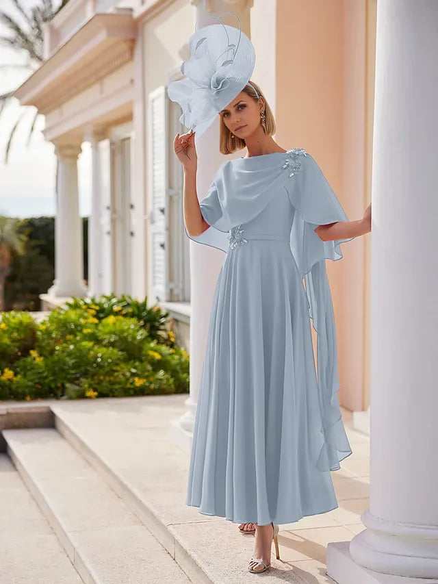 Weitese Dress A-Line Dress Elegant Bateau Neck Ankle Length Chiffon Short Sleeve With Solid Color Mother of the Bride Dress