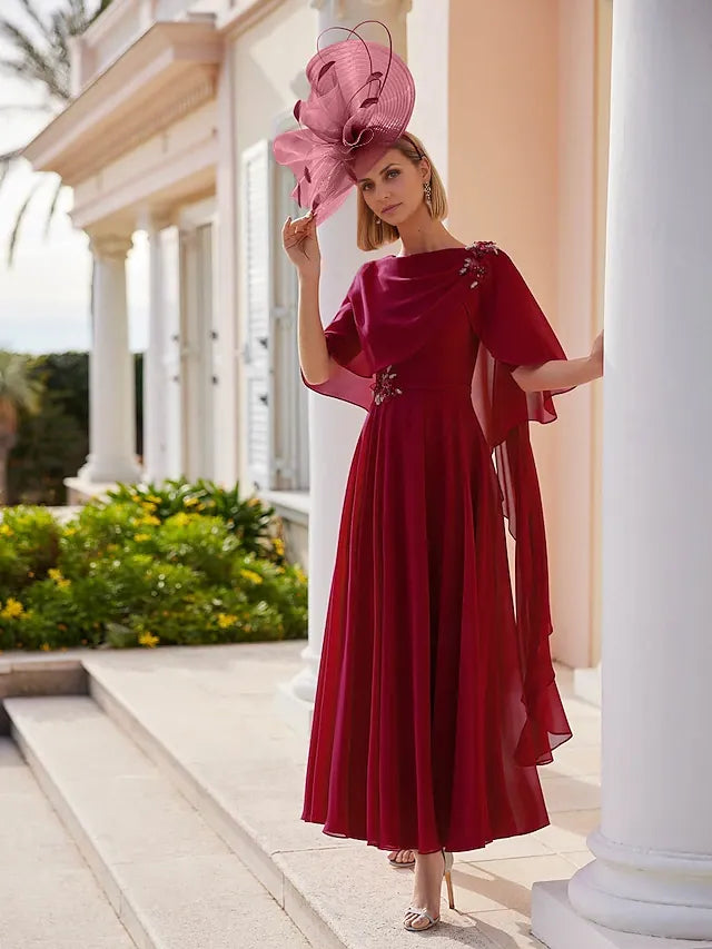 Weitese Dress A-Line Dress Elegant Bateau Neck Ankle Length Chiffon Short Sleeve With Solid Color Mother of the Bride Dress