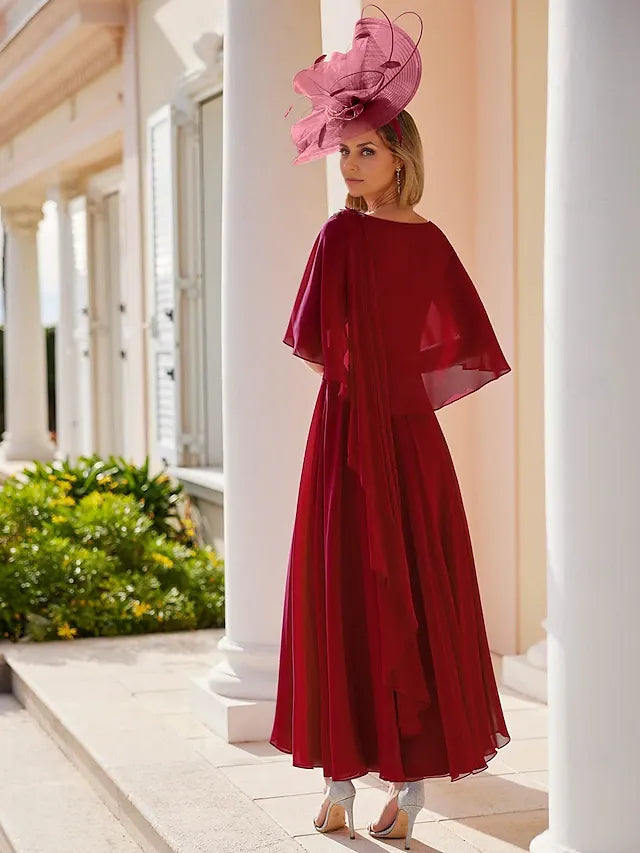 Weitese Dress A-Line Dress Elegant Bateau Neck Ankle Length Chiffon Short Sleeve With Solid Color Mother of the Bride Dress