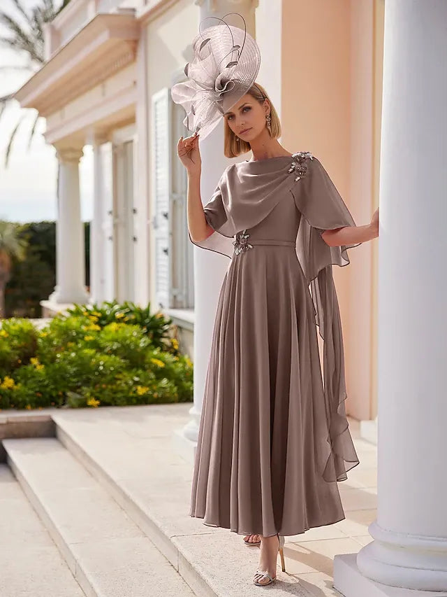 Weitese Dress A-Line Dress Elegant Bateau Neck Ankle Length Chiffon Short Sleeve With Solid Color Mother of the Bride Dress