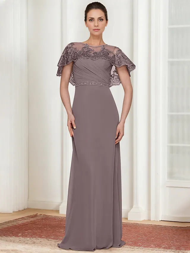 Weitese Dress A-Line Dress Elegant Simple Jewel Neck Floor Length Chiffon Short Sleeve With Lace Tier Solid Color Mother of the Bride Dress