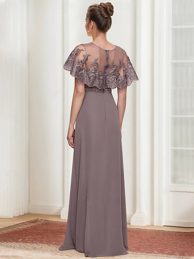 Weitese Dress A-Line Dress Elegant Simple Jewel Neck Floor Length Chiffon Short Sleeve With Lace Tier Solid Color Mother of the Bride Dress