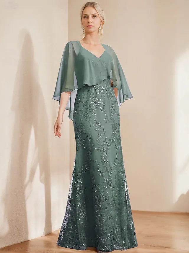 Weitese Dress A-Line Dress Elegant Sparkle & Shine V Neck Floor Length Chiffon Lace Short Sleeve with Lace Sequin Mother of the Bride Dress