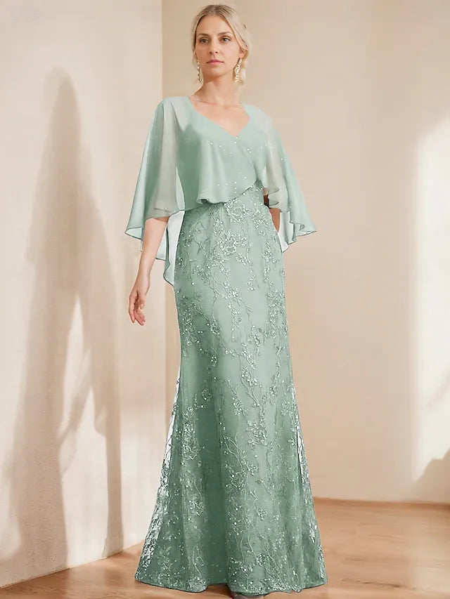 Weitese Dress A-Line Dress Elegant Sparkle & Shine V Neck Floor Length Chiffon Lace Short Sleeve with Lace Sequin Mother of the Bride Dress
