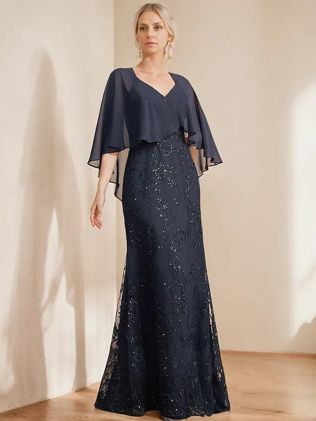 Weitese Dress A-Line Dress Elegant Sparkle & Shine V Neck Floor Length Chiffon Lace Short Sleeve with Lace Sequin Mother of the Bride Dress
