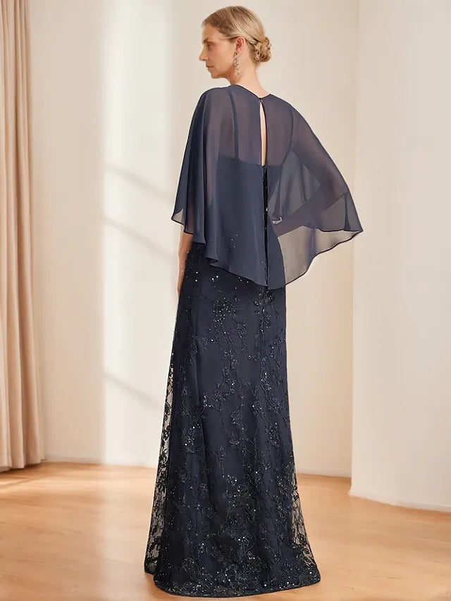 Weitese Dress A-Line Dress Elegant Sparkle & Shine V Neck Floor Length Chiffon Lace Short Sleeve with Lace Sequin Mother of the Bride Dress