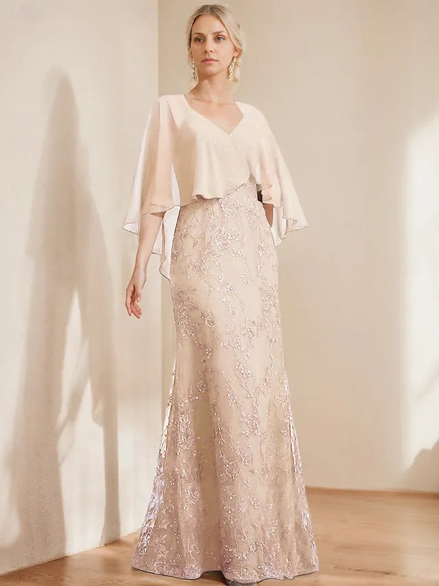 Weitese Dress A-Line Dress Elegant Sparkle & Shine V Neck Floor Length Chiffon Lace Short Sleeve with Lace Sequin Mother of the Bride Dress