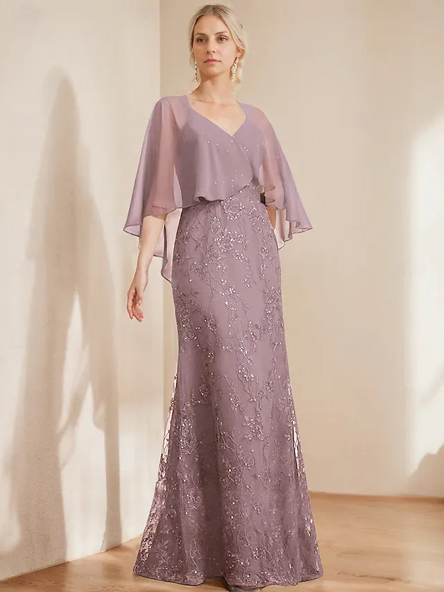 Weitese Dress A-Line Dress Elegant Sparkle & Shine V Neck Floor Length Chiffon Lace Short Sleeve with Lace Sequin Mother of the Bride Dress