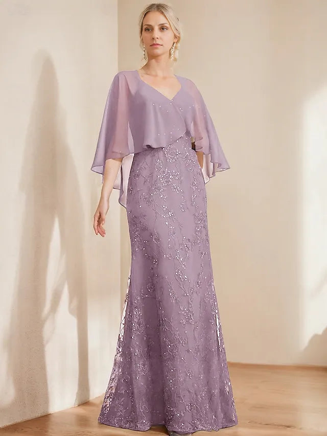 Weitese Dress A-Line Dress Elegant Sparkle & Shine V Neck Floor Length Chiffon Lace Short Sleeve with Lace Sequin Mother of the Bride Dress