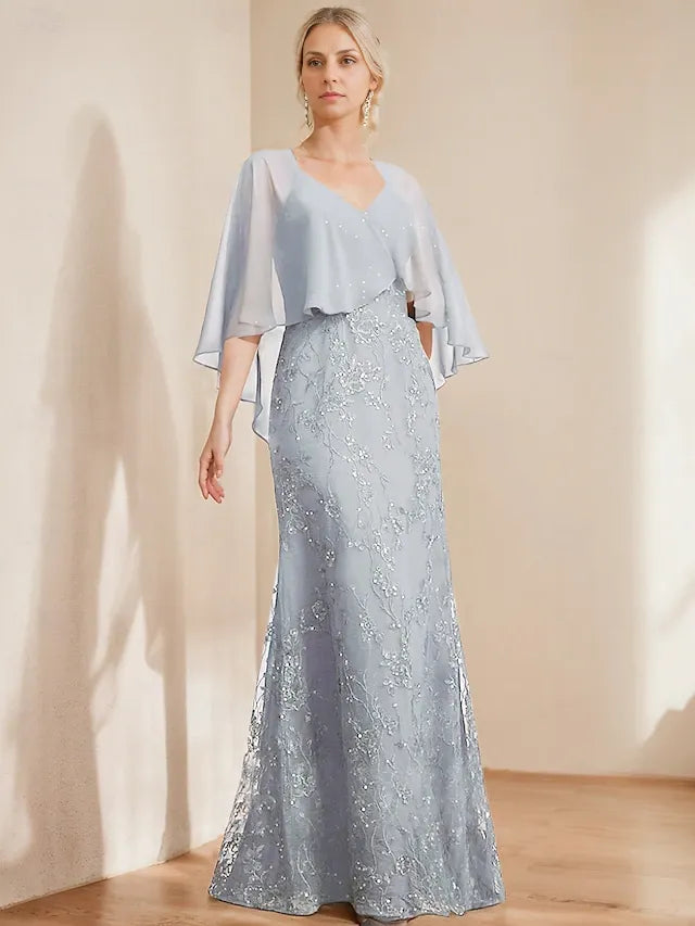 Weitese Dress A-Line Dress Elegant Sparkle & Shine V Neck Floor Length Chiffon Lace Short Sleeve with Lace Sequin Mother of the Bride Dress