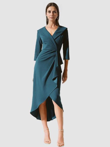 Weitese Dress A-Line Dress Elegant V Neck Tea Length 3/4 Length Sleeve with Pick Up Skirt Ruched Solid Color Mother of the Bride Dress