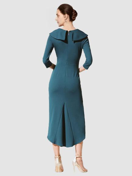 Weitese Dress A-Line Dress Elegant V Neck Tea Length 3/4 Length Sleeve with Pick Up Skirt Ruched Solid Color Mother of the Bride Dress
