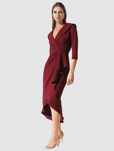 Weitese Dress A-Line Dress Elegant V Neck Tea Length 3/4 Length Sleeve with Pick Up Skirt Ruched Solid Color Mother of the Bride Dress