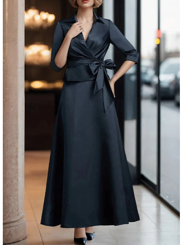 Weitese Dress A-Line Dress Suit Tuxedo Dress Elegant Simple V Neck Ankle Length Satin 3/4 Length Sleeve with Sash / Ribbon Pleats Solid Color Mother of the Bride Dress