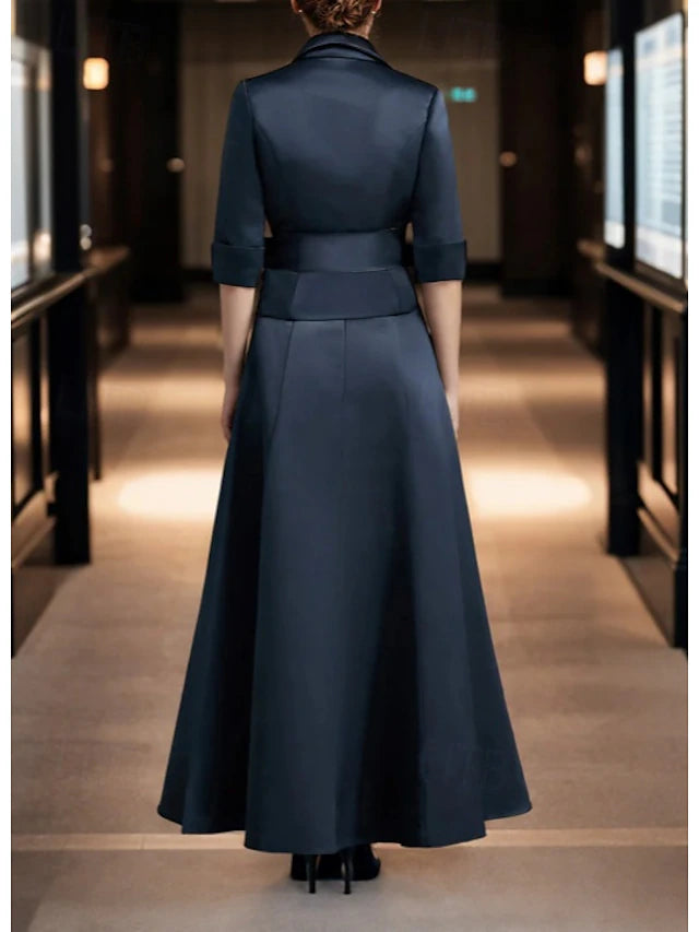 Weitese Dress A-Line Dress Suit Tuxedo Dress Elegant Simple V Neck Ankle Length Satin 3/4 Length Sleeve with Sash / Ribbon Pleats Solid Color Mother of the Bride Dress