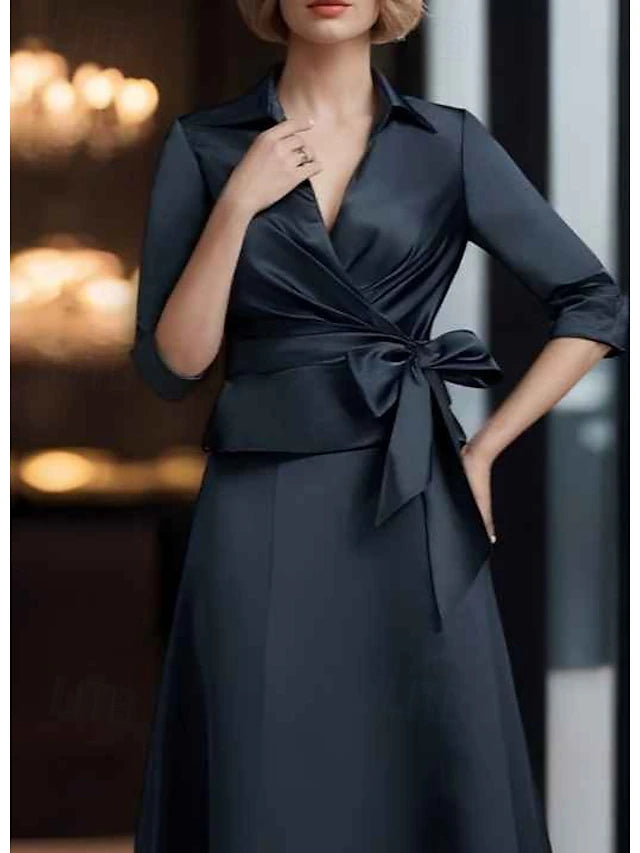 Weitese Dress A-Line Dress Suit Tuxedo Dress Elegant Simple V Neck Ankle Length Satin 3/4 Length Sleeve with Sash / Ribbon Pleats Solid Color Mother of the Bride Dress