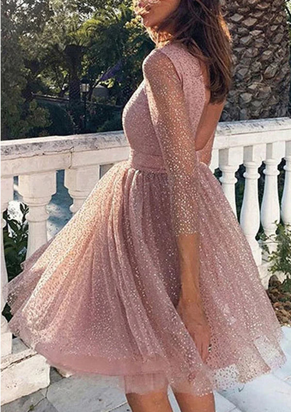 Weitese Dress A-Line Elegant A-Line Scoop Neck Metallic Party Cocktail Dress Backless Princess Homecoming Dress