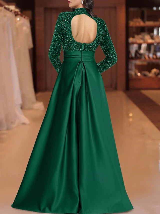 Weitese Dress A-Line Elegant Dress Formal Floor Length Long Sleeve Jewel Neck Satin With Glitter Evening Dress