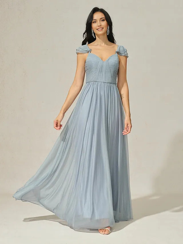 Weitese Dress A-Line Elegant Dress Formal Floor Length Short Sleeve V Neck Chiffon With Ruched Evening Dress