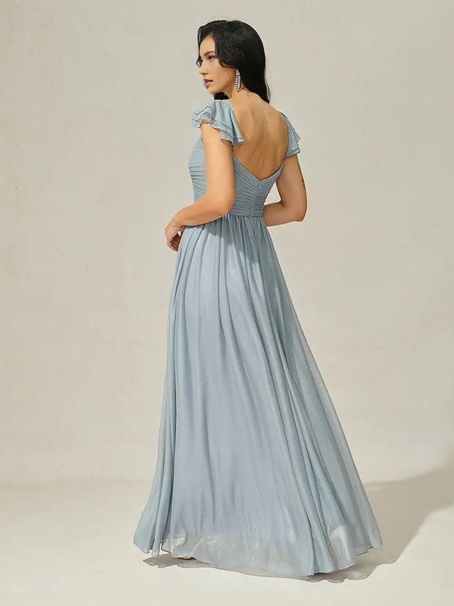 Weitese Dress A-Line Elegant Dress Formal Floor Length Short Sleeve V Neck Chiffon With Ruched Evening Dress