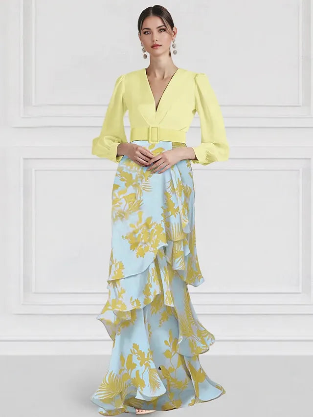 Weitese Dress A-Line Elegant Dress Formal Wedding Floor Length Long Sleeve V Neck With Floral Print Wedding Guest Dress Evening Dress