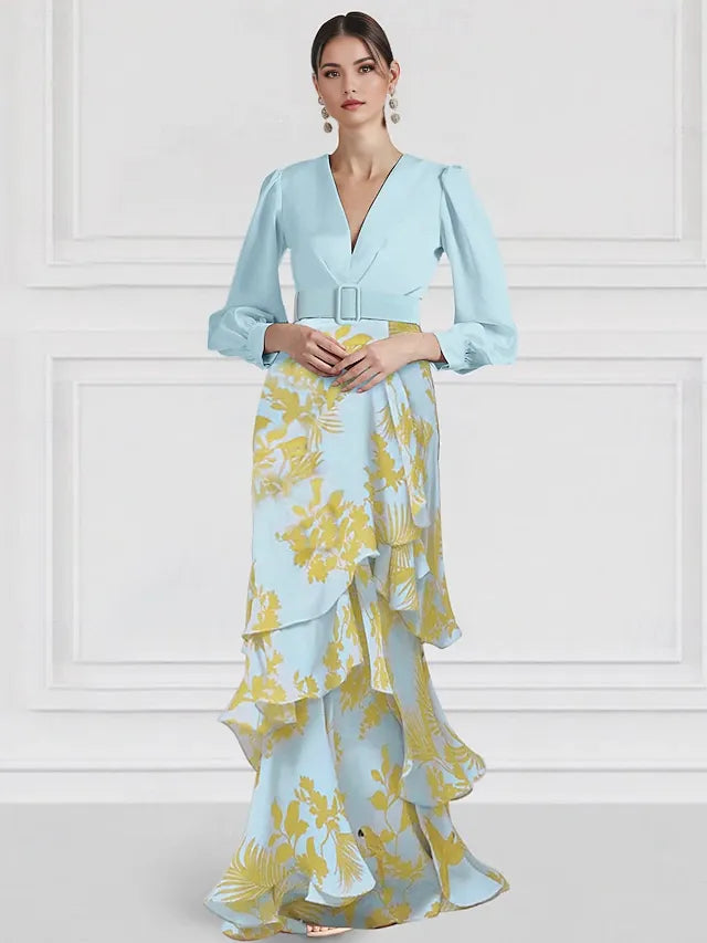 Weitese Dress A-Line Elegant Dress Formal Wedding Floor Length Long Sleeve V Neck With Floral Print Wedding Guest Dress Evening Dress