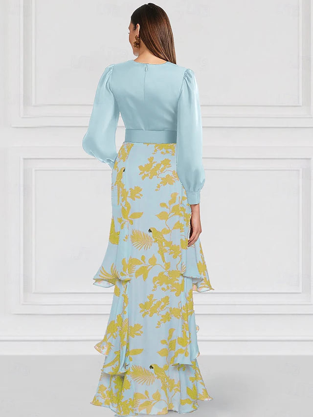 Weitese Dress A-Line Elegant Dress Formal Wedding Floor Length Long Sleeve V Neck With Floral Print Wedding Guest Dress Evening Dress