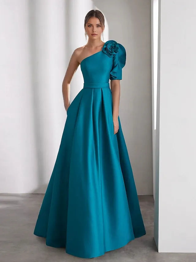 Weitese Dress A-Line Elegant Dress Formal Wedding Floor Length Short Sleeve One Shoulder Champagne Mother Of the Bride Dress Satin With Shouder Flower Evening Dress