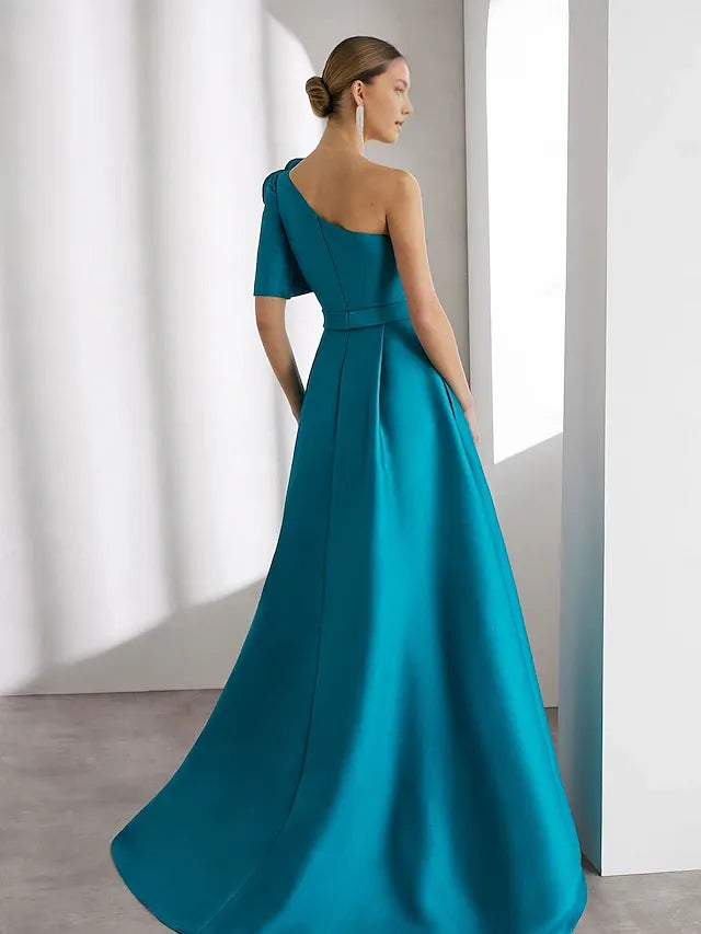 Weitese Dress A-Line Elegant Dress Formal Wedding Floor Length Short Sleeve One Shoulder Champagne Mother Of the Bride Dress Satin With Shouder Flower Evening Dress